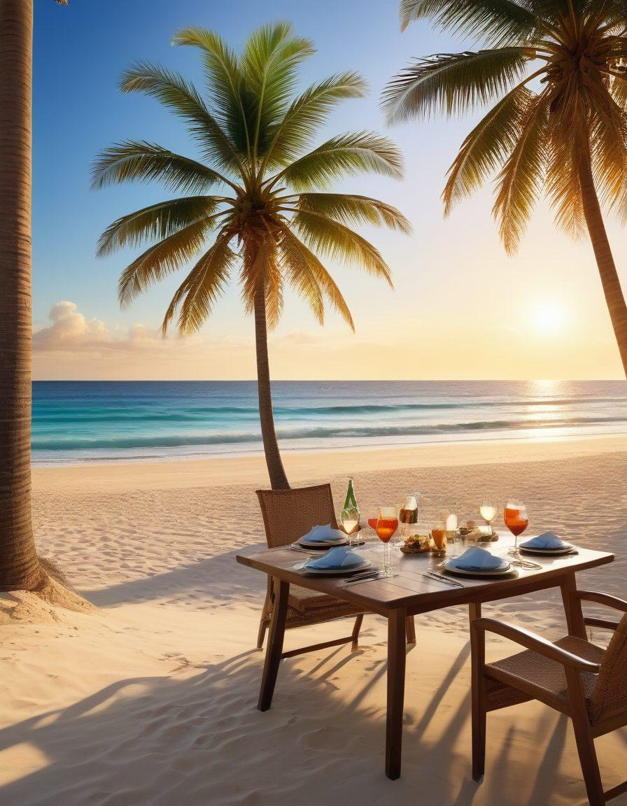 A luxurious beach scene featuring a beautifully set dining table with gourmet food and sparkling drinks under a bright blue sky. Soft waves lap at the shore, with palm trees swaying gently in the background. The atmosphere radiates warmth and elegance, inviting relaxation and indulgence. Add sunbathers lounging on the sand and a stunning sunset casting golden hues. super-realistic. vibrant colors. 3D.