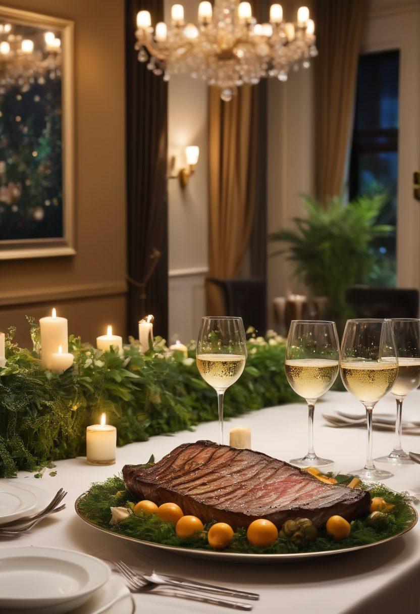 A lavish dining table set with elegant crockery showcasing a gourmet steak dish on one side and luxurious seafood platter on the other, surrounded by lush greenery and softly glowing candles. The ambiance is sophisticated, with a backdrop of a stylish restaurant interior and sparkling wine glasses filled with bubbles. The lighting casts a warm, inviting glow over the scene. super-realistic. vibrant colors. soft lighting.